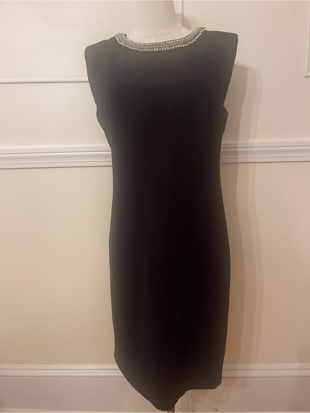 Saks Fifth Avenue Black Sleeveless Sheath Dress with Beaded Collar